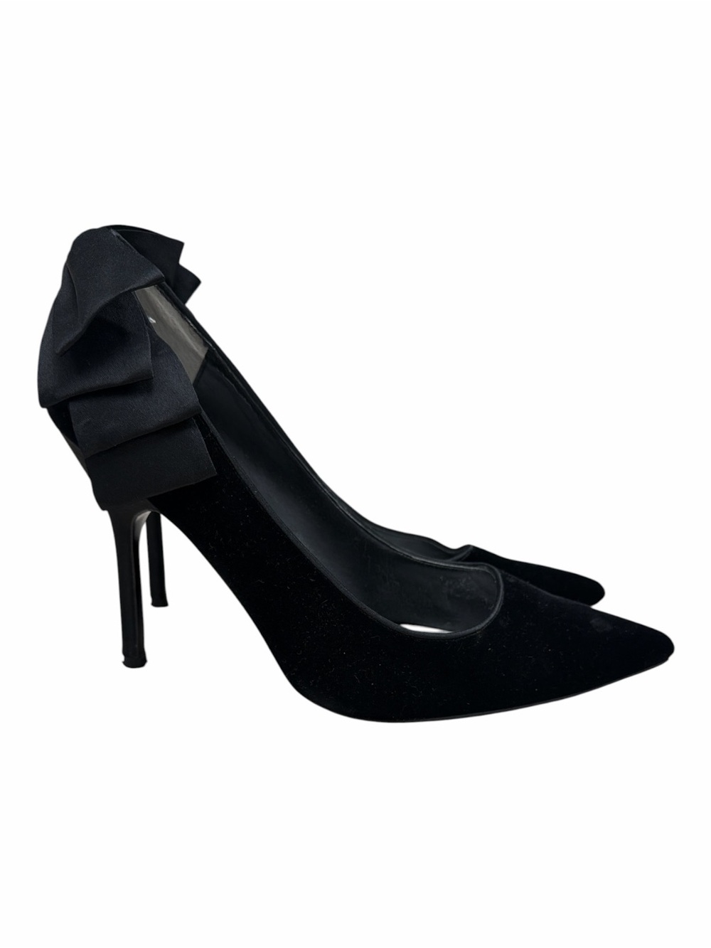 Nina Women's Black Satin Pointed Toe Stiletto Pumps with Large Back Bow